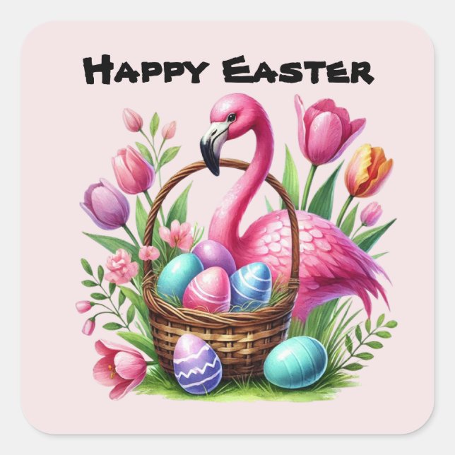 Cute Happy Easter Pink Flamingo Square Sticker (Front)