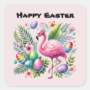 Cute Happy Easter Pink Flamingo Square Sticker