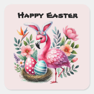 Cute Happy Easter Pink Flamingo  Square Sticker