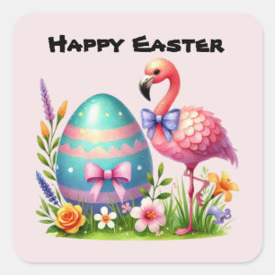 Cute Happy Easter Pink Flamingo  Square Sticker