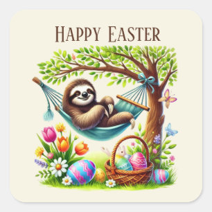 Cute Happy Easter sloth Holiday Square Sticker