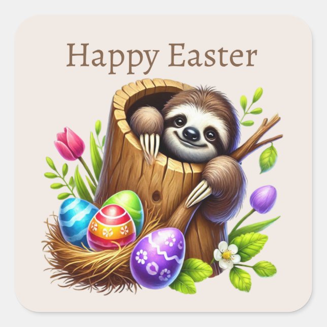 Cute Happy Easter sloth  Square Sticker (Front)
