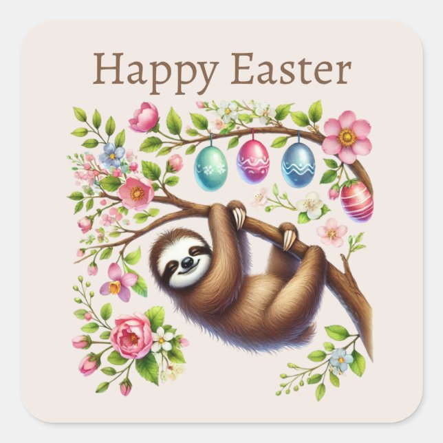 Cute Happy Easter sloth  Square Sticker (Front)
