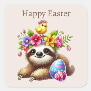 Cute Happy Easter sloth Square Sticker