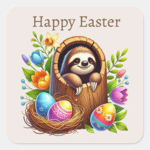 Cute Happy Easter sloth Square Sticker