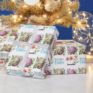 Cute Happy Easter Typography with Easter Eggs Name Wrapping Paper