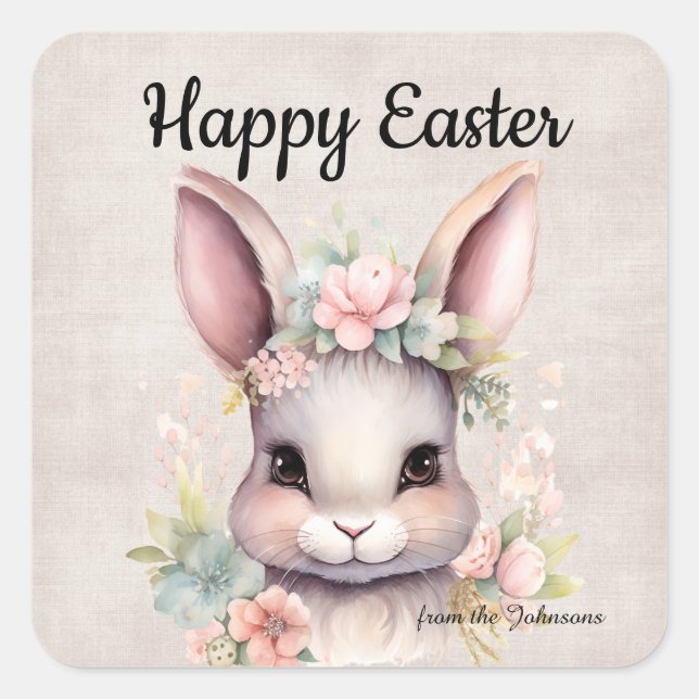 Cute Happy Easter Watercolor Bunny Square Sticker (Front)