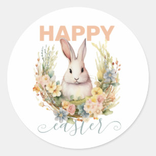 Cute Happy Easter with Bunny & Floral Wreath Classic Round Sticker