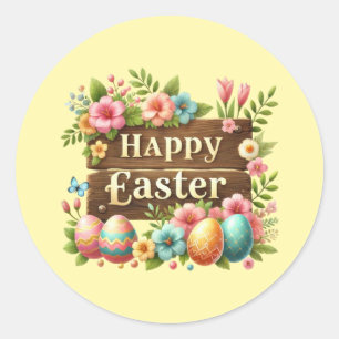 Cute Happy Easter word art Classic Round Sticker