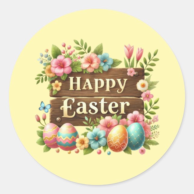 Cute Happy Easter word art  Classic Round Sticker (Front)