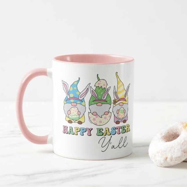 Cute Happy Easter Y'all Gnomes Personalised Name Mug (With Donut)