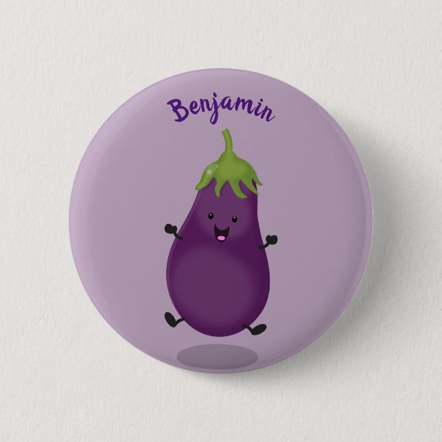 Cute happy eggplant aubergine cartoon illustration 6 cm round badge (Front)
