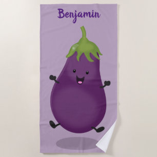 Cute happy eggplant aubergine cartoon illustration beach towel