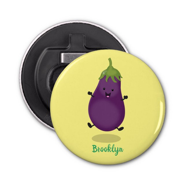 Cute happy eggplant aubergine cartoon illustration bottle opener (Front)