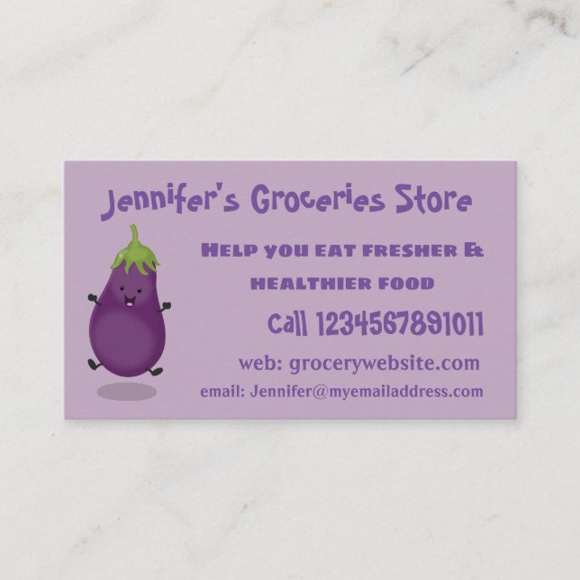 Cute happy eggplant aubergine cartoon illustration business card (Front)