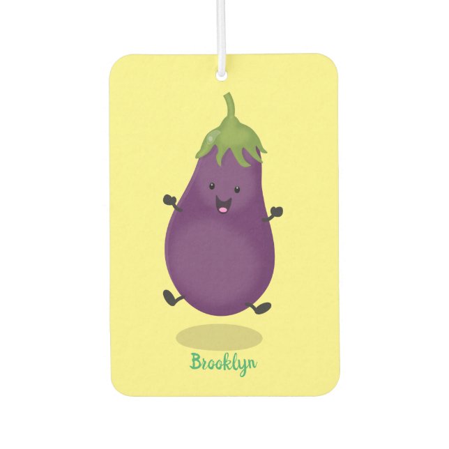 Cute happy eggplant aubergine cartoon illustration car air freshener (Front)