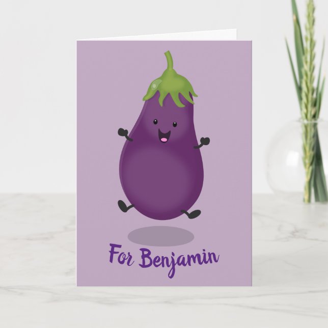 Cute happy eggplant aubergine cartoon illustration card (Front)