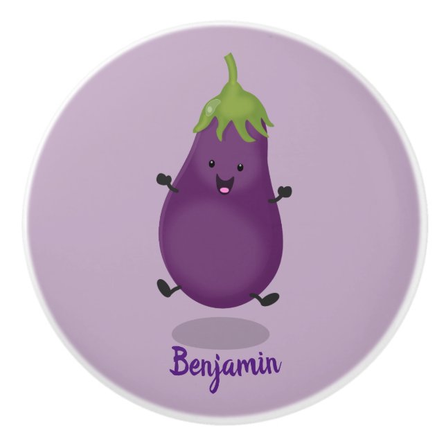 Cute happy eggplant aubergine cartoon illustration ceramic knob (Front)