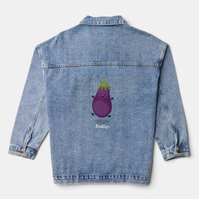 Cute happy eggplant aubergine cartoon illustration denim jacket (Back)