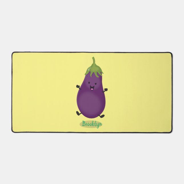 Cute happy eggplant aubergine cartoon illustration desk mat (Front)