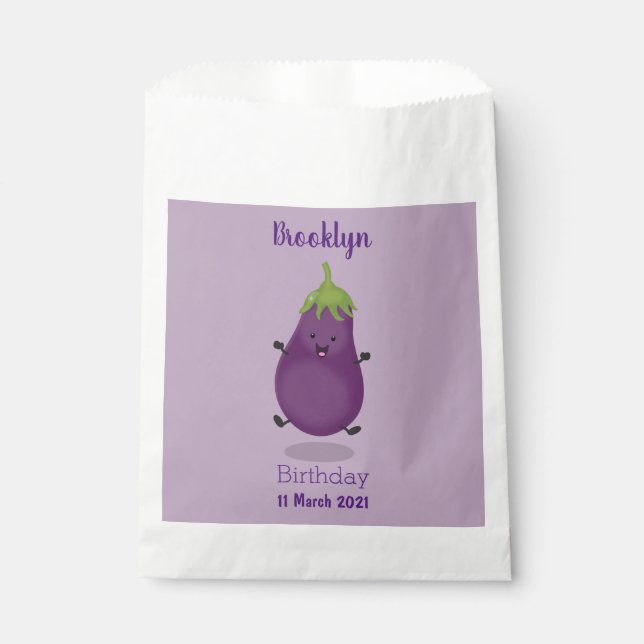 Cute happy eggplant aubergine cartoon illustration favour bags (Front)