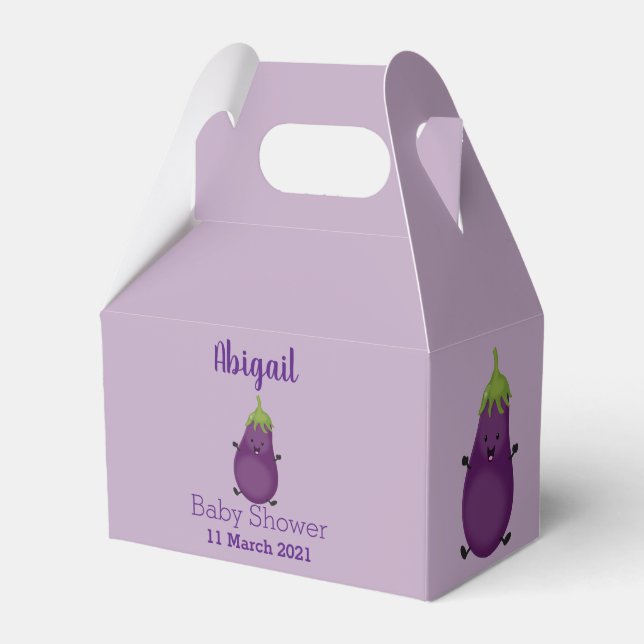 Cute happy eggplant aubergine cartoon illustration favour box (Front Side)