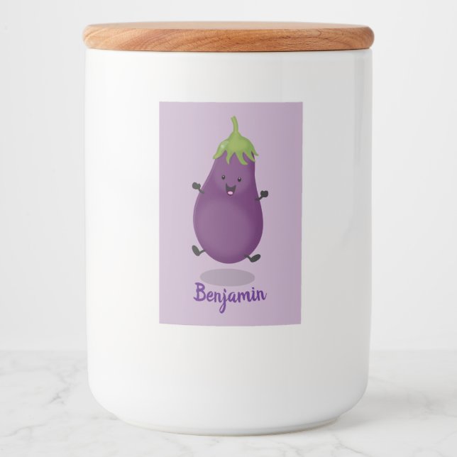 Cute happy eggplant aubergine cartoon illustration food label (Front)