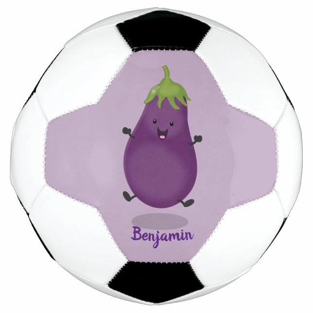 Cute happy eggplant aubergine cartoon illustration football (Front)