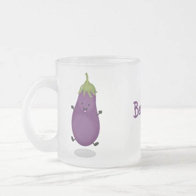 Cute happy eggplant aubergine cartoon illustration frosted glass coffee mug (Left)