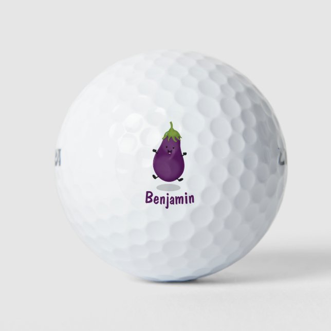Cute happy eggplant aubergine cartoon illustration golf balls (Front)
