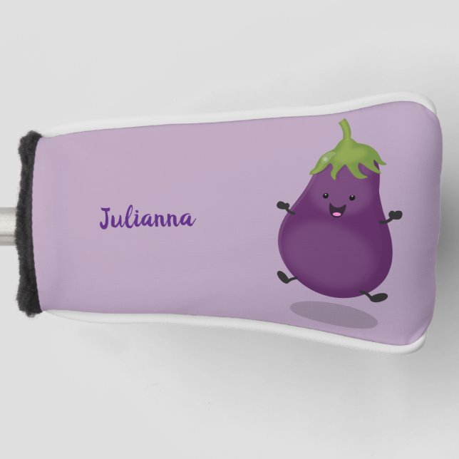 Cute happy eggplant aubergine cartoon illustration golf head cover (Front)