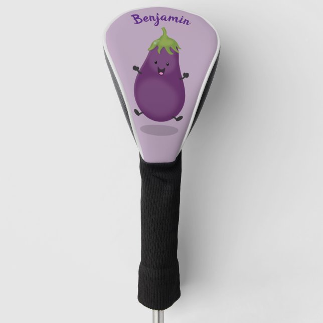 Cute happy eggplant aubergine cartoon illustration golf head cover (Front)