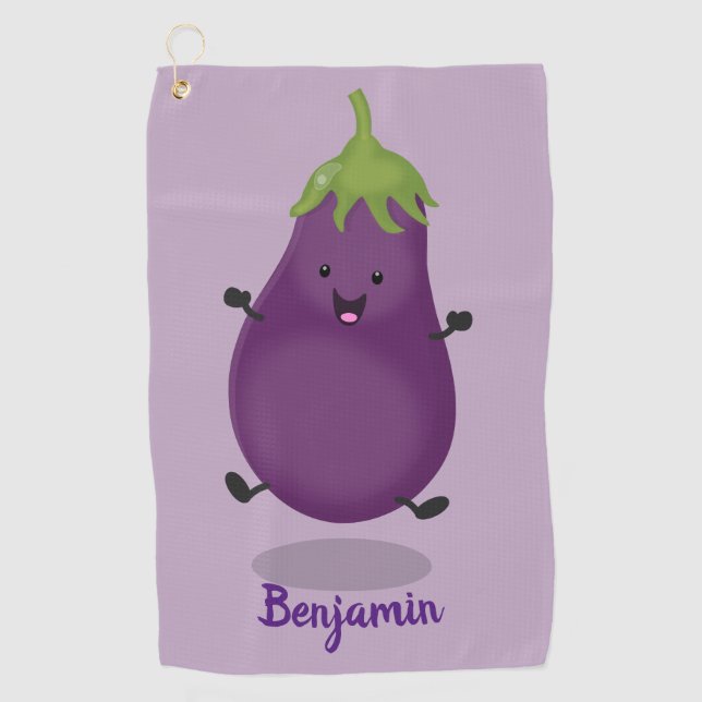 Cute happy eggplant aubergine cartoon illustration golf towel (Front)