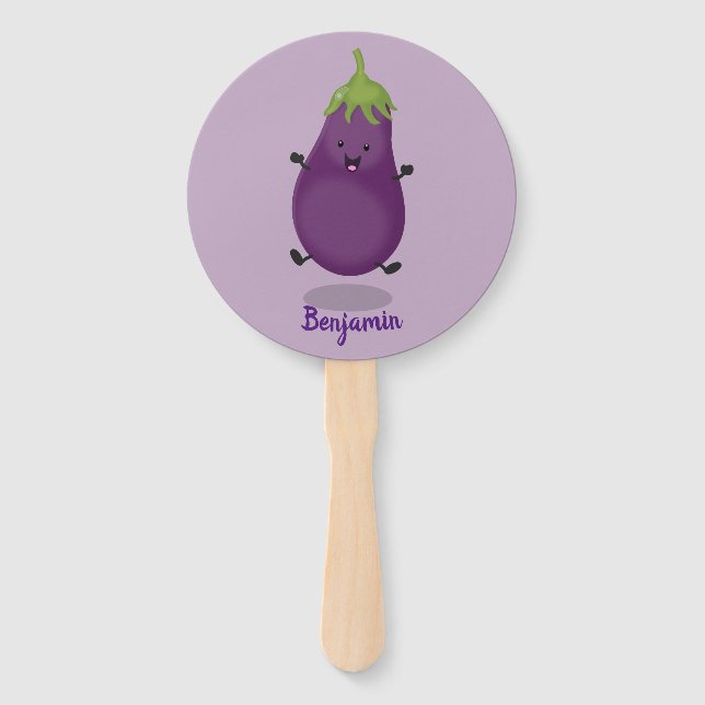 Cute happy eggplant aubergine cartoon illustration hand fan (Front)