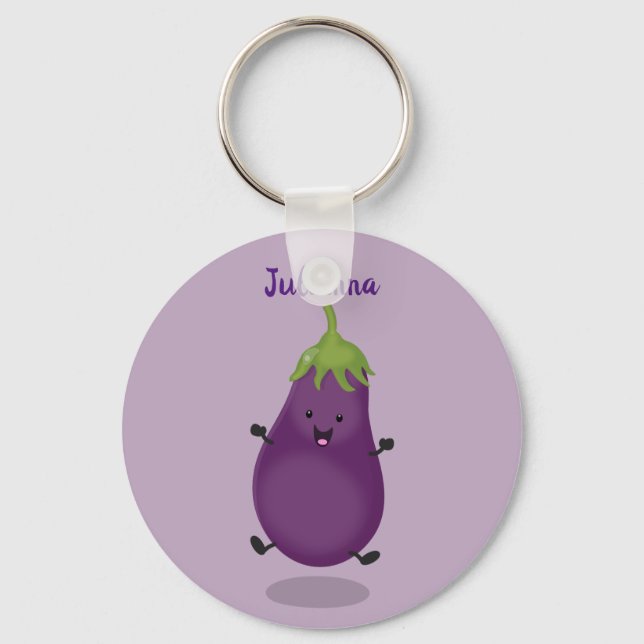 Cute happy eggplant aubergine cartoon illustration key ring (Front)