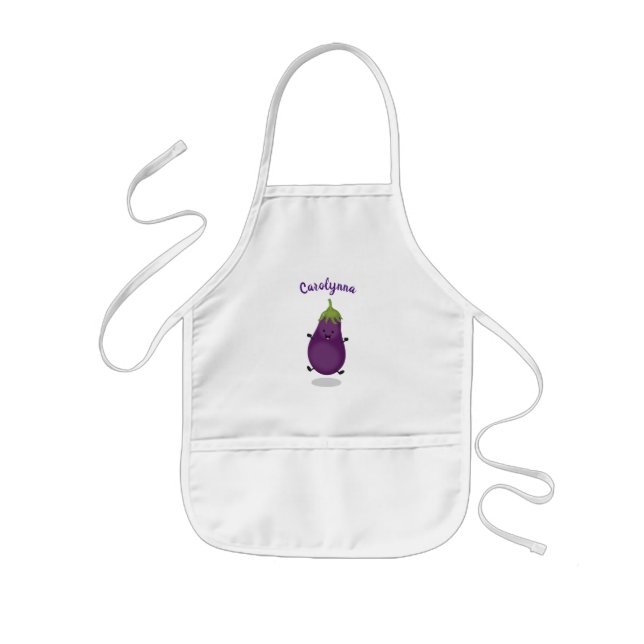 Cute happy eggplant aubergine cartoon illustration kids apron (Front)