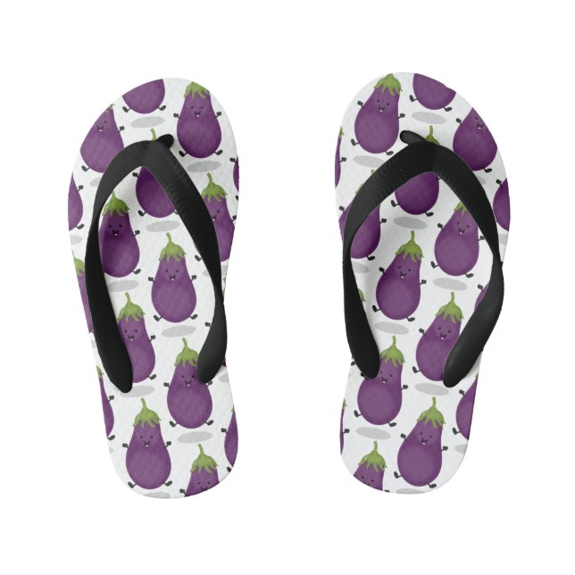 Cute happy eggplant aubergine cartoon illustration kid's flip flops (Footbed)
