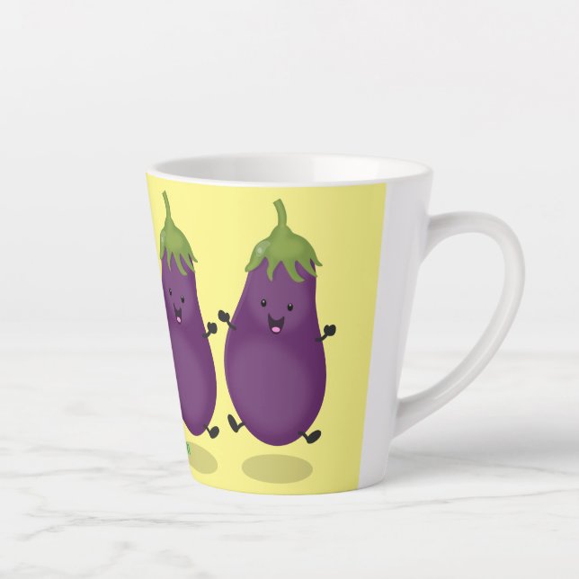 Cute happy eggplant aubergine cartoon illustration latte mug (Right)