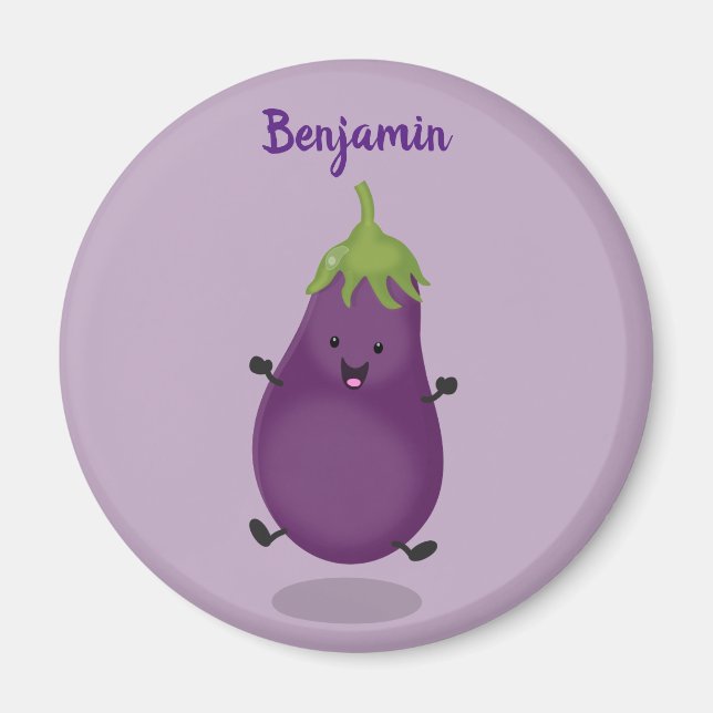 Cute happy eggplant aubergine cartoon illustration magnet (Front)