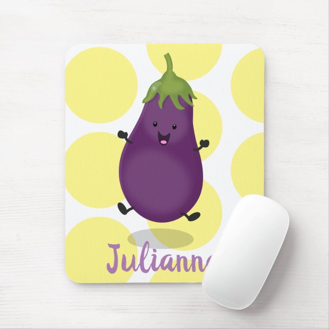 Cute happy eggplant aubergine cartoon illustration mouse mat (With Mouse)