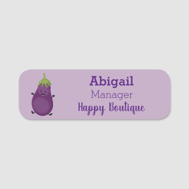 Cute happy eggplant aubergine cartoon illustration name tag (Front)