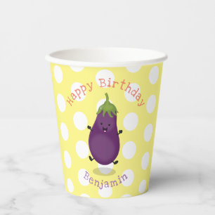 Cute happy eggplant aubergine cartoon illustration paper cups
