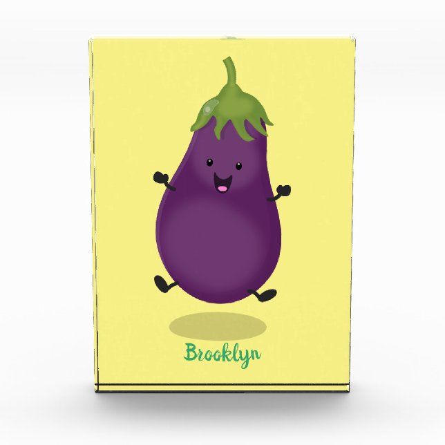 Cute happy eggplant aubergine cartoon illustration photo block (Front)
