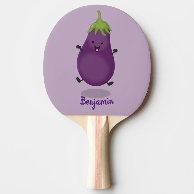 Cute happy eggplant aubergine cartoon illustration ping pong paddle (Front)