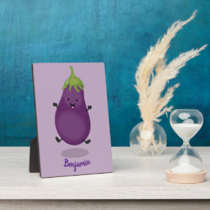 Cute happy eggplant aubergine cartoon illustration plaque