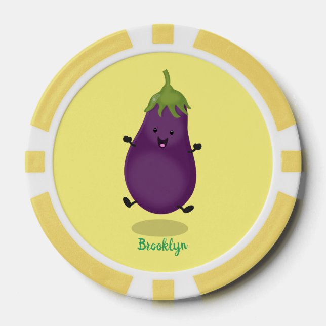 Cute happy eggplant aubergine cartoon illustration poker chips (Front)