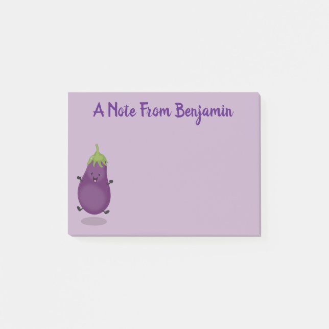 Cute happy eggplant aubergine cartoon illustration post-it notes (Front)
