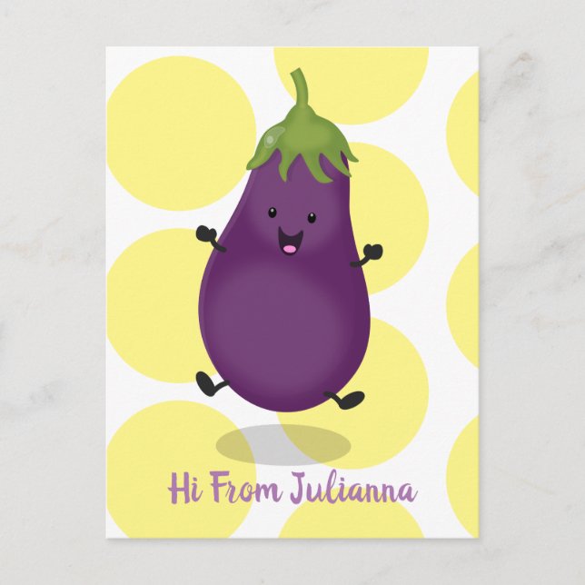 Cute happy eggplant aubergine cartoon illustration postcard (Front)