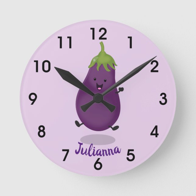 Cute happy eggplant aubergine cartoon illustration round clock (Front)