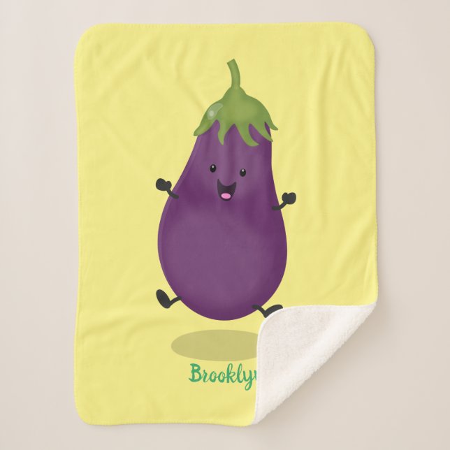 Cute happy eggplant aubergine cartoon illustration sherpa blanket (Front)